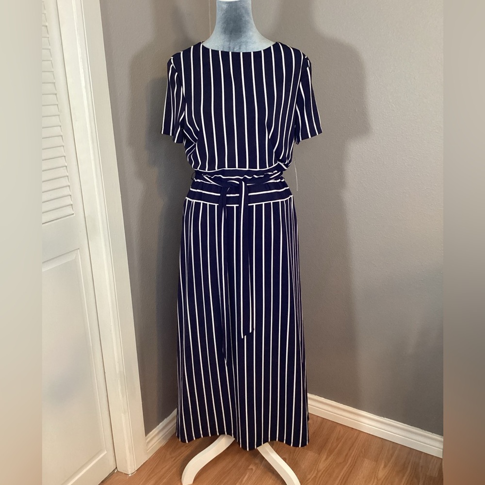 NWT Ralph Lauren Navy Striped Belted Jersey Dress Size 12